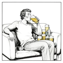 a guy sitting on the sofa drinking many beers Peter Bagge, ink artwork