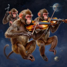 monkeys in space playing violin, digital painting masterpiece, 4k wallpaper, by Rembrandt, Greg Rutkowski, Thomas Kinkade, artstation, high quality