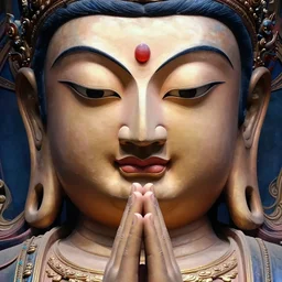 enormous godlike face with titan eyes bodhisattva, praying meditating, prayer hands, intricate, detailed, epic, cinematic, vivid color, artstation, by David Cronenberg