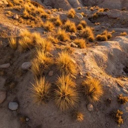 aerial overhead close up shot of badlands ground with tuft grass and rocks in golden hour lighting in a vector art style
