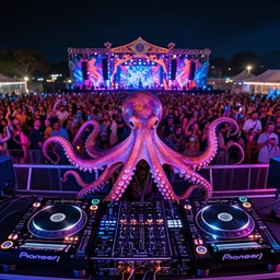 award winning photo of an octopus! as a dj with tentacles! simultaneously placed turntables cdjs and knobs of a pioneer dj mixer, tb - 3 0 3, tr - 8 0 8 z sharp, blue and fuschia colorful lighting, in front of a large crowd, studio, medium format, 8 k detail, volumetric lighting, at an outdoor psytrance festival main stage at night