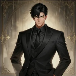 a highly detailed illustration of young attractive black haired asian guy wearing black suit and tie with coattails, yellow eyes, dramatic elegant pose, strings background, intricate, elegant, highly detailed, centered, digital painting, artstation, concept art, smooth, sharp focus, league of legends concept art, wlop.