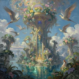 hyper realistic, ultra detailed, oracle of an unimaginable beautiful and epic realm, other - worldly plants and flying creatures, heaven - like lighting, shimmering water, intricate oil painting, digital painting, 8 k, rule of thirds, masterpiece on artstation pixiv fanbox concept art, smooth, sharp focus illustration, by greg rutkowski, art germ, james prosek, sarah