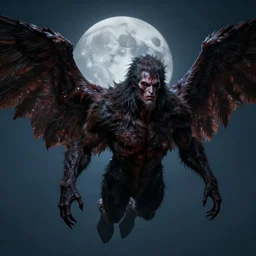 sinister male, concept art, horror, body is covered in fur, he has large wings, he flies on a moonlit night, octane render, realistic shaded, perfect face, 8 k, realistic, hyper detailed, artstation, art by michael whelan