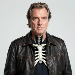 Jack Nicholson plays Terminator wearing leather jacket and his endoskeleton is visible his eye glows red, walking out of flames