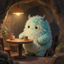 little fluffy monster in a cozy cavern cafe. upcoming 3 d animation by an indie studio, rimlighting, depth of field, limited palette, intricate details, oil painting, chiaroscuro.