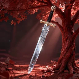 a crystal sword stuck in a red tree