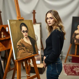 cara delevinge stands at her easel, painting a self portrait