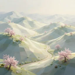 spring in the low - poly hills, diffuse lighting, intricate, elegant, highly detailed, lifelike, photorealistic, digital painting, artstation, illustration, concept art, smooth, sharp focus, by greg rutkowski, chris tulloch mccabe, asher duran,