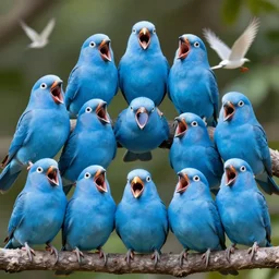 a ten blue twitter birds all screaming at the top of their lungs