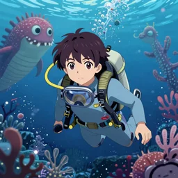 key visual deep sea diver ; friendly sea monster background ; cute, by shigenori soejima, finely detailed feature, anime, space, deroo, pixiv top monthly, trending on artstation, cinematic, danbooru, zerochan art, kyoto animation, studio trigger