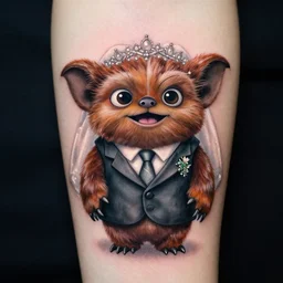 a cute hyper realistic tattoo of gizmo from the movie gremlins wearing a wedding suit and looking happy. neo modern tattoo school, tattoo, dslr
