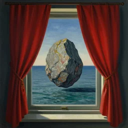 A window inside a room, we see Outside a big rock floating over the sea, red curtain, magritte style, painting
