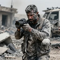 photograph of a journalist covered in ash and burns in a warzone, dslr