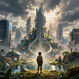 Bilbo Baggins stranded in a beautiful city of the future, digital art