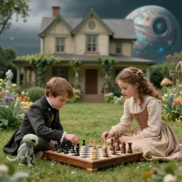 sharp, highly detailed, 9216k film, 17500mm film still from a sci fi blockbuster color movie made in 2019, set in 1860, of a boy and a girl playing chess with their small pet humanoid alien creature, in the garden of a house on an alien planet, are all wearing 1860s era clothes, good lighting, in focus, 350mm f/1.4L lens