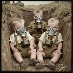 a tintype photograph, babies inside of the trenches of ww 1, they have gas masks, 8 k, colorized photo