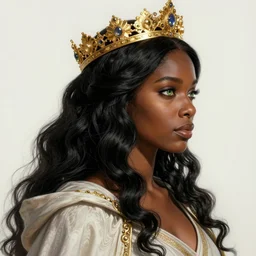 concept art side portrait of very beautiful black woman with dark brown skin, long, swirling black hair, and jade colored eyes, wearing a cloak, jeweled golden crown, white dress, headshot, hyper realistic, 4 k, rule of thirds, extreme detail, detailed drawing, trending artstation, hd, fantasy, d & d, realistic lighting, by alphonse mucha, greg rutkowski, sharp focus, backlit, elegant.
