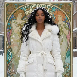 gorgeous black woman in a white parka and white gloves, falling snowflakes, snow covered urban background by artgerm, cushart krenz, greg rutkowski, mucha. art nouveau. gloomhaven, queen of winter, vibrant colors, sharp edges. ultra clear detailed. 8 k. elegant, intricate, octane render