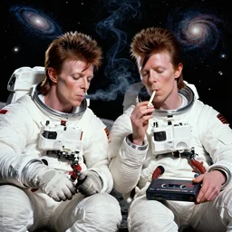 close up portrait of david bowie and astronaut major tom sit on the dark side of the moon, listen to pink floyd on an old cassette recorder and smoke a joint, enjoying the contemplation of deep space with millions of galaxies : by kaburagi kiyokata and android jones, visually stunning, cinematic,