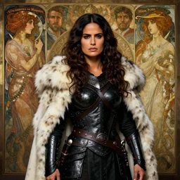 portrait of Salma Hayek  as a surly and determined female barbarian clothed in BLACK leather armor and a WHITE FUR cloak, neutral expression, by Greg Rutkowski and John Collier and Krenz Cushart and Artem Demura and Alphonse Mucha and Albert Aublet, as seen on ArtStation, 4k, dungeons and dragons, very aesthetic, very detailed, intricate, unreal, fantasy, dramatic, painterly, artstation, sharp focus, smooth
