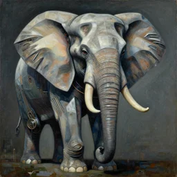 a portrait of giant elephant of sci fi metallic human melancholic complex geometric figure liminal machinery by oskar schlemmer, moebius, john berkey, film grain, oil on canvas, portrait facial head, featured on artstation, hd wallpaper, 8 k