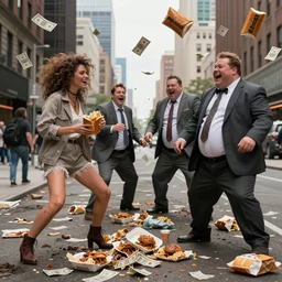 in a dirty city street disheveled supermodels fight against laughing obese men in cheap suits, over piles half eaten rotting fast food, money thrown and floats in the air, hyper realistic photo, full colour, upscale, 8 k, masterpiece,