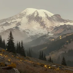 a retrowave style artwork of mount rainier national park, a land of the dead, divine, hazy, volumetric lighting, spacetime bending, very detailed, serene, gold accents, washed out colors, beautiful artwork, master level composition, raytracing
