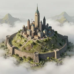 concept art of a small city on top a hill surrounded by walls and fog