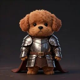 cute fluffy brown dog wearing medieval suit of armor, illustration, concept art, art by wlop, dark, moody, dramatic