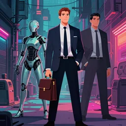bbusinessmen holding a briefcase, detailed digital illustration by greg rutkowski, cyberpunk back alley, nighttime, colorful lighting, android netrunner