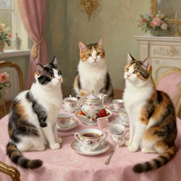 a trio of calico cats enjoying a fancy english tea party, painted by rembrandt