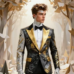 handsome athletic young man resembling zayn malik made out of ceramic steel and diamonds wearing a black tissue paper and gold geometric tuxedo by marc jacobs, paper graffiti, trees made out of origami, ethereal, fantasy, lawrence alma - tadema, james jean, oozium, peter morbacher, angelarium, alchemy, luxury, heavenly light, soft illumination, trending on artstation, cinematic lighting, very detailed, 3 d, octane render, artgerm