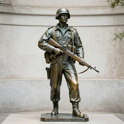a 4 k photorealistic photo wide shot of a bronze statue of an american soldier holding a rifle