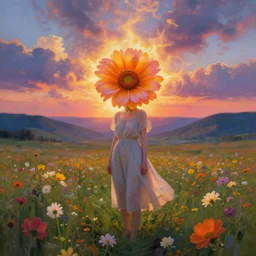 girl with an exploding flower for a head, surreal photography, dream, standing in flower field, magical, in a valley, sunrise dramatic light, impressionist painting, colorful clouds, artstation, simon stalenhag, flower face