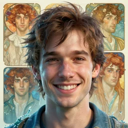 close up portrait, smiling ian bohen as a water elemental, alphonse mucha, rhads, ross tran, artstation, artgerm, octane render, 1 6 k