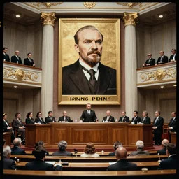 60s movie still of a stalinist style parlement with a giant portrait of Vladimir Lenin, by Irving Penn , cinestill 800t 35mm eastmancolor, heavy grainy picture, very detailed, high quality, 4k, HD criterion, precise texture