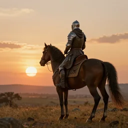 an crusader on a horse looking at the sunset, octane render, hyperrealistic, fantasy art, 8k, concept art