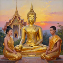 a beautifully detailed oil painting of a sitting thai buddha statue in front of a thai temple with a gorgeous sunrise, by thawan duchanee and jatuporn traisuwan, trending on artstation