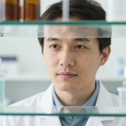 closeup headshot photo of the person who is a pharmacist and a folk singer, glass shelf background by Gregory Crewdson and photography by Laura Pannack, visible details, Nikon D850, f/5.6, ISO 100