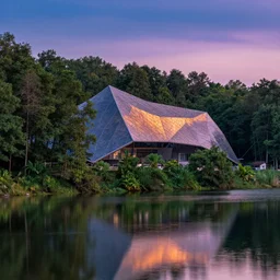 faceted roof planes lift and descend creating shade and architectural expression, highly detailed, situated in the forest, next to a highly reflective lake, at dusk, vivid color, 4 k photography