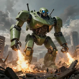 army of giant green robots shoot missiles on battlefield, ruined city environment, render, ray tracing, jakub rozalski art style, dramatic, artstation,