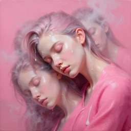 3 d, close - up, liquid white oil, sleepy fashion model, light fog, smoke, poster art, high detail, intricate oil painting, multiple exposure, deep pink color palette, hyperrealism, 3 d, by tooth wu and wlop and beeple and greg rutkowski