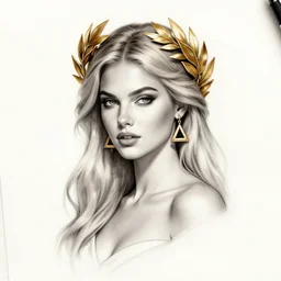 tattoo design sketch of sexy blonde super model as aphrodite greek goddess wearing a gold laurel wreath and triangle earrings, beautiful piercing gaze with sharp pupils, in the style of greg rutkowski, fantasy, amazing detail, epic, elegant, smooth, sharp focus, front view