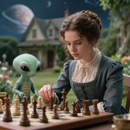 detailed, sharp, a girl playing chess with her cute pet humanoid alien creature, wearing 1850s era clothes, in the garden of a house on an alien planet, extremely highly detailed, in focus faces, 70 mm film still from a period sci fi color movie, 4k, HD, cinematic lighting