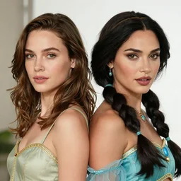 portrait of lindsey pelas and gal gadot wearing as princess jasmine, by charlotte grimm, natural light, detailed face, beautiful features, symmetrical, canon eos c 3 0 0, ƒ 1. 8, 3 5 mm, 8 k, medium - format print, half body shot