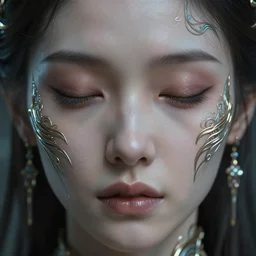 ultra realistic beautiful cyborg deity eyes closed, fantasy, intricate details, movie still, highly detailed, photorealistic, octane render, eerie, 8k, art by artgerm and james clyne and greg rutkowski and alphonse mucha