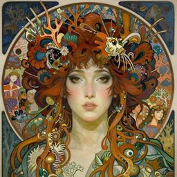 realistic detailed face portrait of an elaborately dressed beautiful lionfish queen with coral reef hair by alphonse mucha, ayami kojima, amano, charlie bowater, karol bak, greg hildebrandt, jean delville, and mark brooks, art nouveau, pre - raphaelite, gothic, coral reef by ernst haeckel, fantasy character concept design, moody colors
