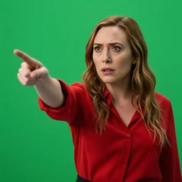 Elizabeth olsen,red shirt, angry and pointing , green screen background, cinematic shot, acting
