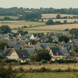 artwork of the cinematic view of normandy with scattered half - timbered houses in fields by marc davis, landscape view, depth of field, trending on artstation, background, nature